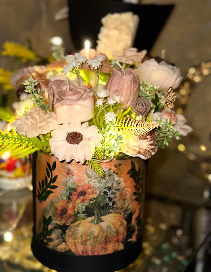 Autumn harvest floral candle bouquet pumpkin box fall decor Rose Dew Pakistan