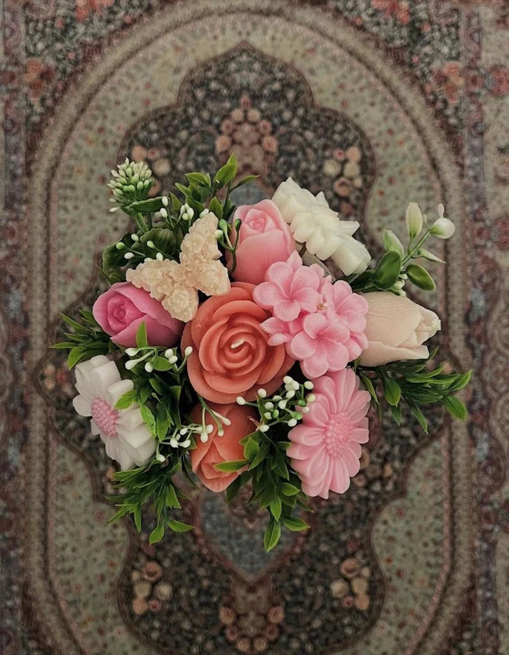 Blush pink coral floral candle bouquet butterfly accent gift Rose Dew Pakistan