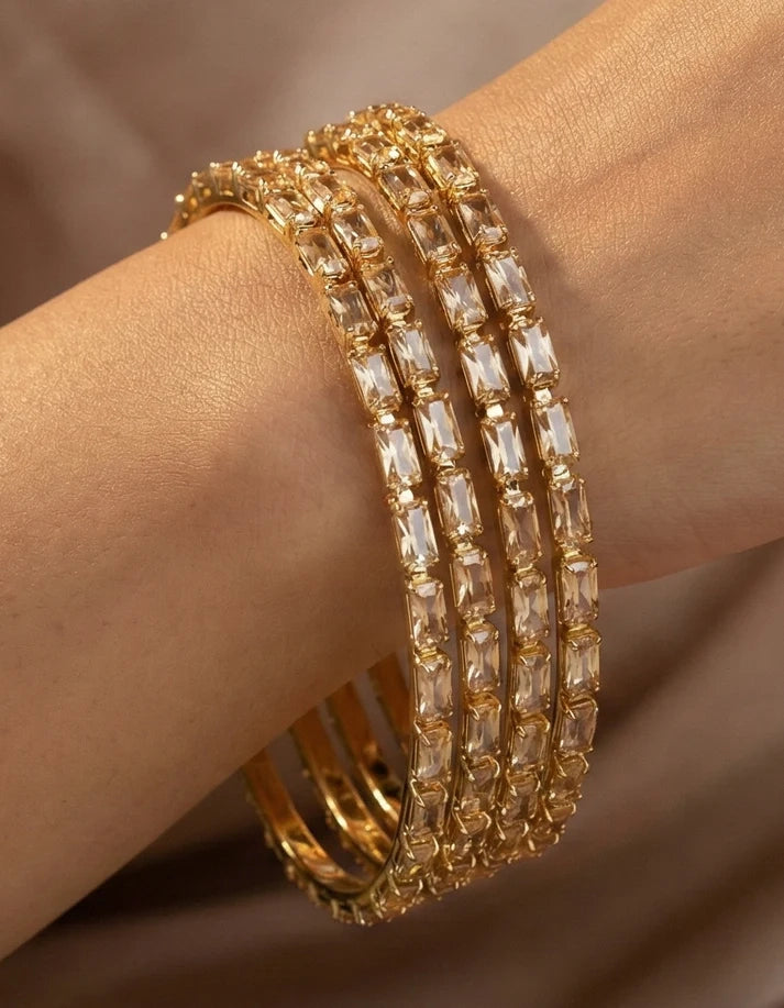 Woman wearing champagne crystal bangle set wedding festive style Rose Dew Pakistan