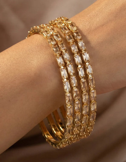 Woman wearing champagne crystal bangle set wedding festive style Rose Dew Pakistan