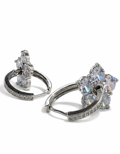 lear Crystal Five Petal Floral Huggie Drop Earrings Silver Tone Bridal Wedding Jewelry Rose Dew Pakistan