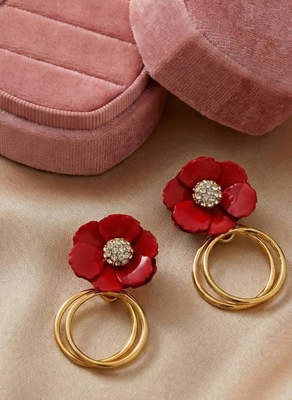 crimson bloom pave floral hoop earrings gold red Rose Dew Pakista