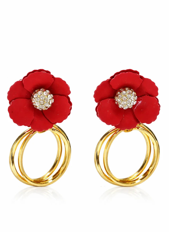 Crimson bloom pave floral hoop earrings red gold crystal Rose Dew Pakistan