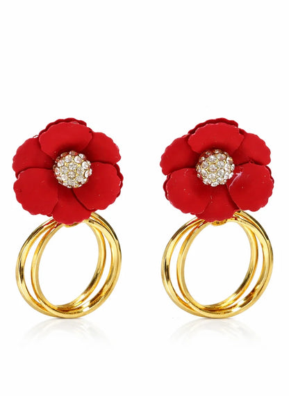 Crimson bloom pave floral hoop earrings red gold crystal Rose Dew Pakistan