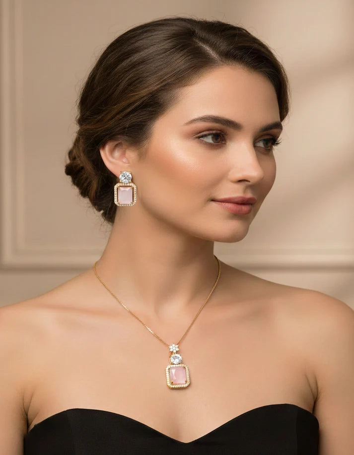 Woman wearing crystal bloom floral necklace earrings set bridal Rose Dew Pakistan