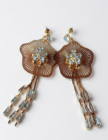 Decorative earrings with floral designs and crystal-like elements on a light background