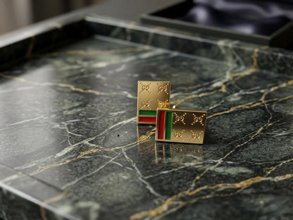 Designer gold enamel stud earrings red green geometric pattern detail Rose Dew Pakistan