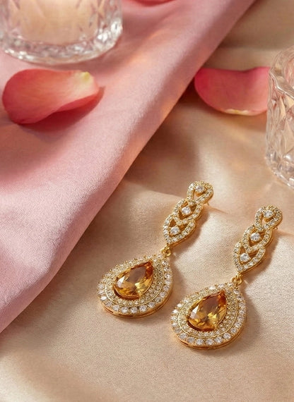 Close up double halo crystal pave set golden jhumka earrings Rose Dew