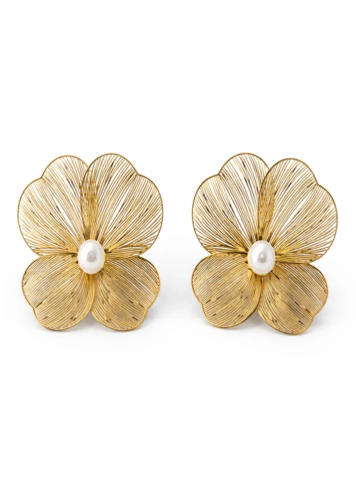 Close up four petal filigree gold flower pearl center stud earrings Rose Dew