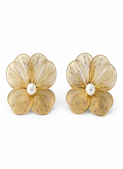 Close up four petal filigree gold flower pearl center stud earrings Rose Dew