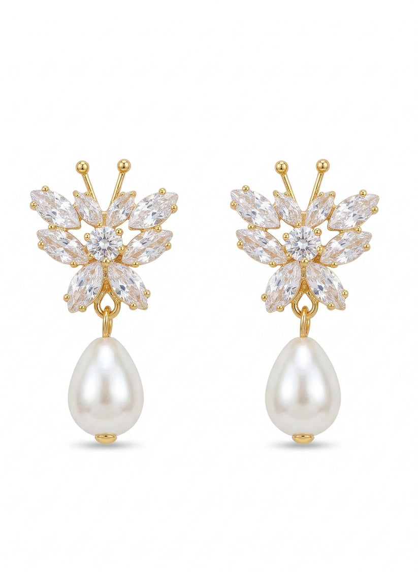 Gilded butterfly crystal pearl drop statement earrings gold tone Rose Dew Pakistan