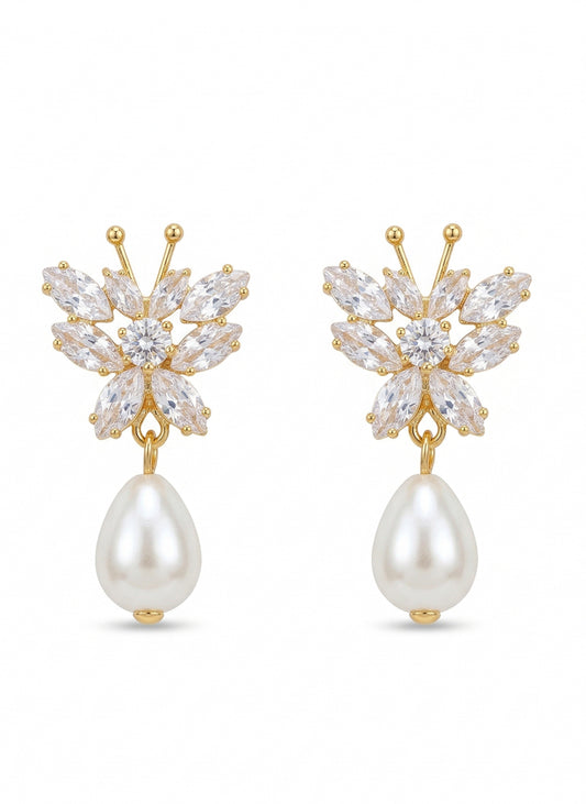 Gilded butterfly crystal pearl drop statement earrings gold tone Rose Dew Pakistan