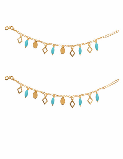 Golden azure charm payal set blue teardrop anklet gold chain pair Rose Dew Pakistan