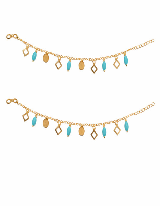 Golden azure charm payal set blue teardrop anklet gold chain pair Rose Dew Pakistan