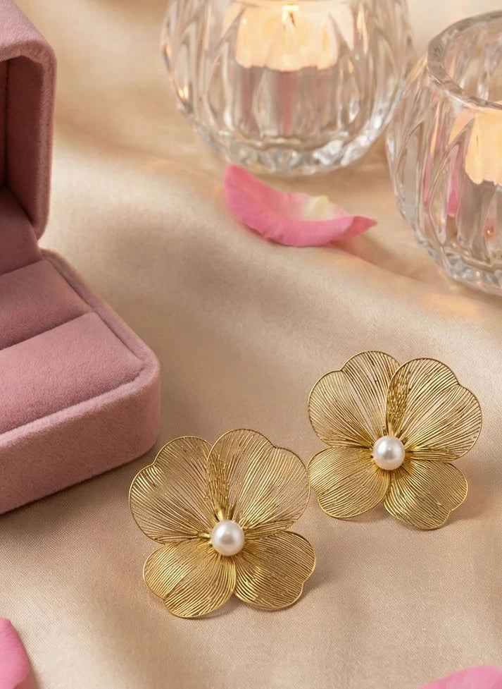  golden petal filigree pearl stud earrings office style Rose Dew Pakistan