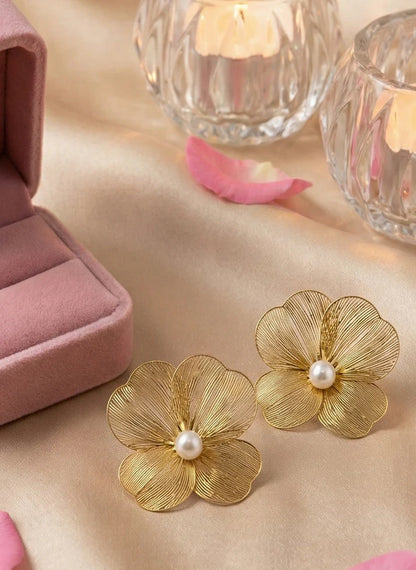  golden petal filigree pearl stud earrings office style Rose Dew Pakistan