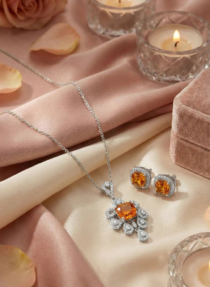 Woman wearing golden royal halo necklace earrings set wedding gala Rose Dew Pakistan