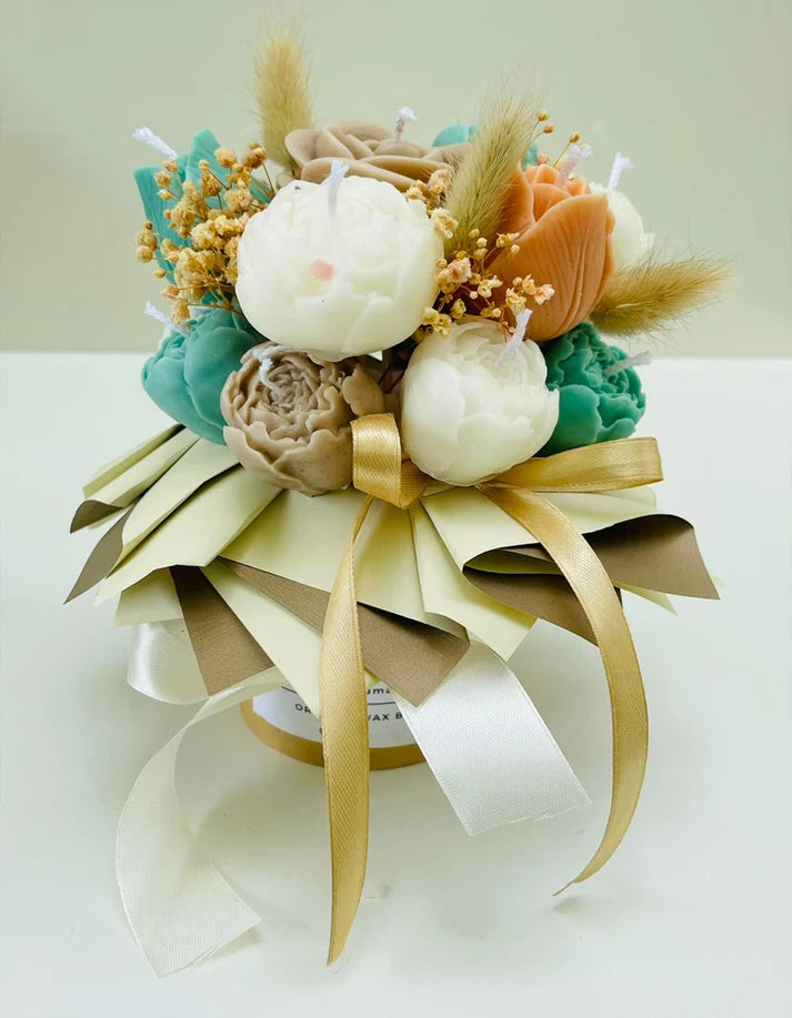Golden oasis teal latte cream floral candle bouquet gift box Rose Dew Pakistan