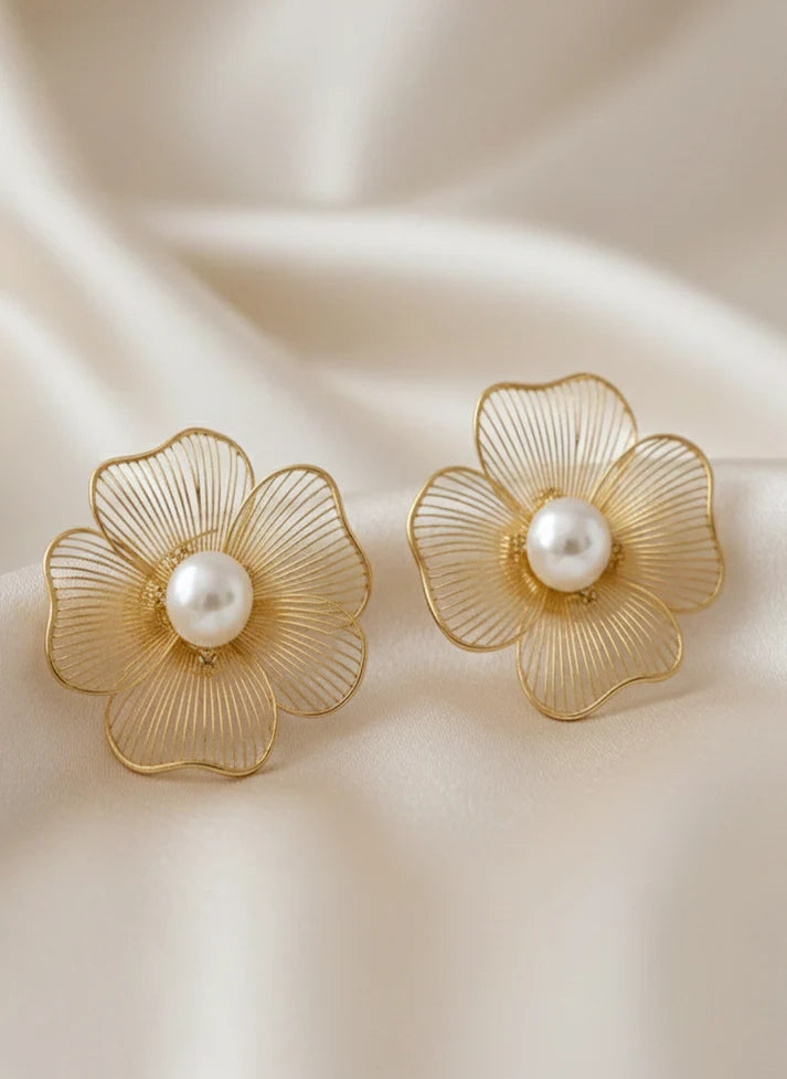 Golden petal filigree pearl stud earrings floral gold tone Rose Dew Pakistan