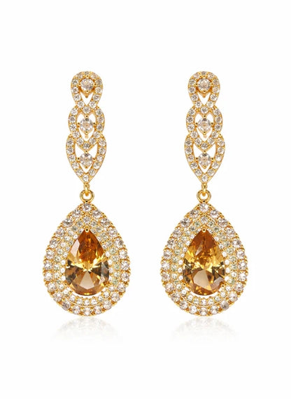 Golden royal halo jhumka earrings champagne crystal drop Rose Dew Pakistan
