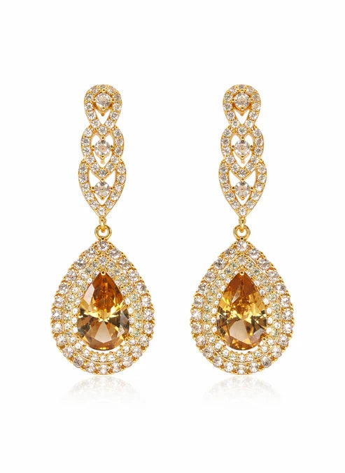 Golden royal halo jhumka earrings champagne crystal drop Rose Dew Pakistan