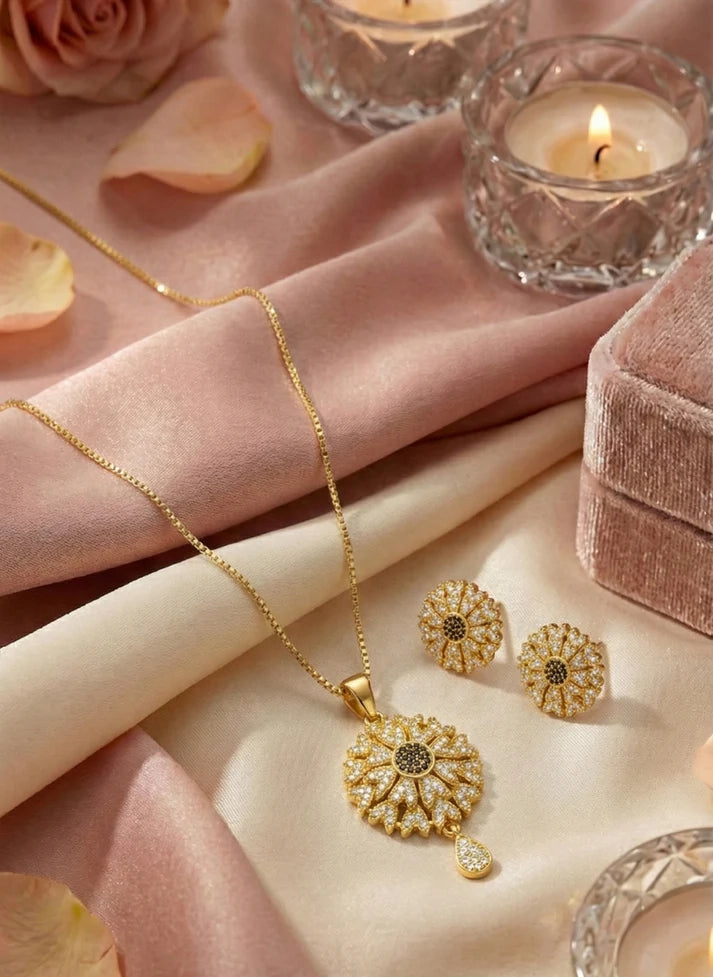 Golden sunburst medallion earrings crystal teardrop drop detail Rose Dew Pakistan