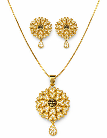 Golden sunburst medallion necklace and earrings jewelry set crystal Rose Dew Pakistan