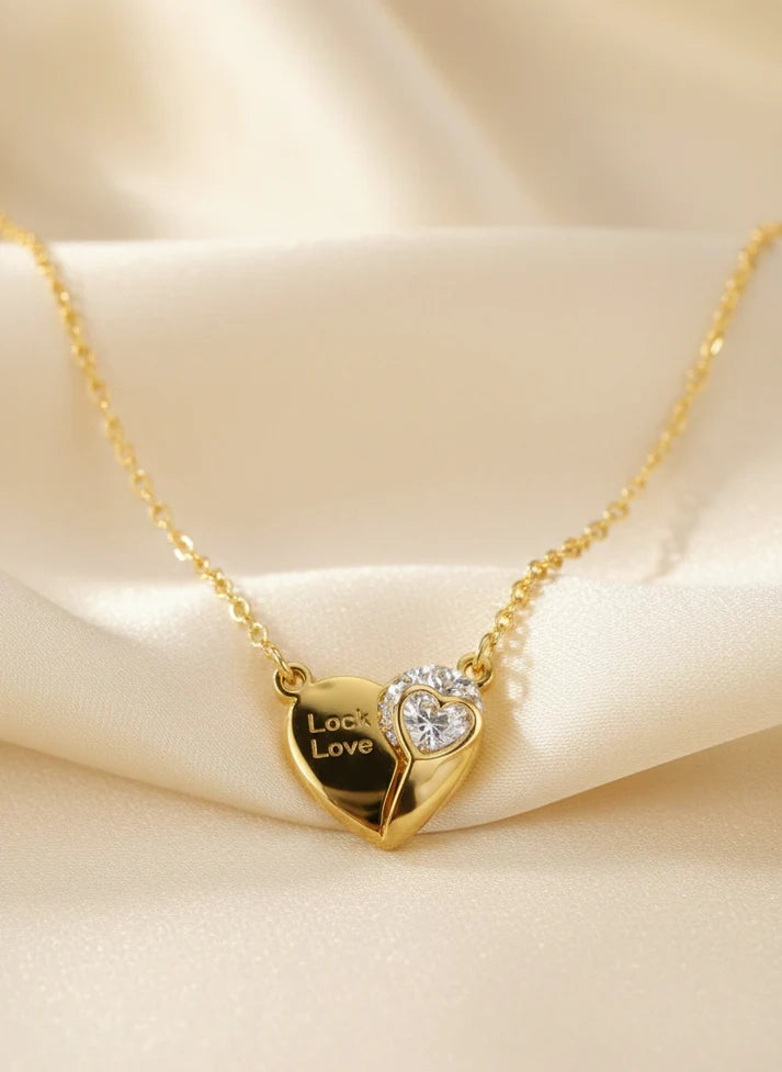 Close up heart lock key crystal accent gold pendant necklace Rose Dew