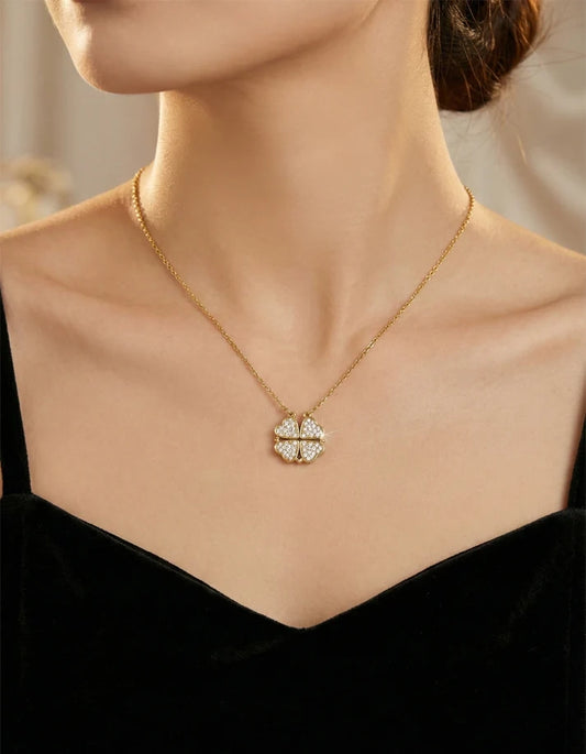 Alt Text:
Close up of convertible pave crystal heart four leaf clover gold pendant necklace Rose Dew

