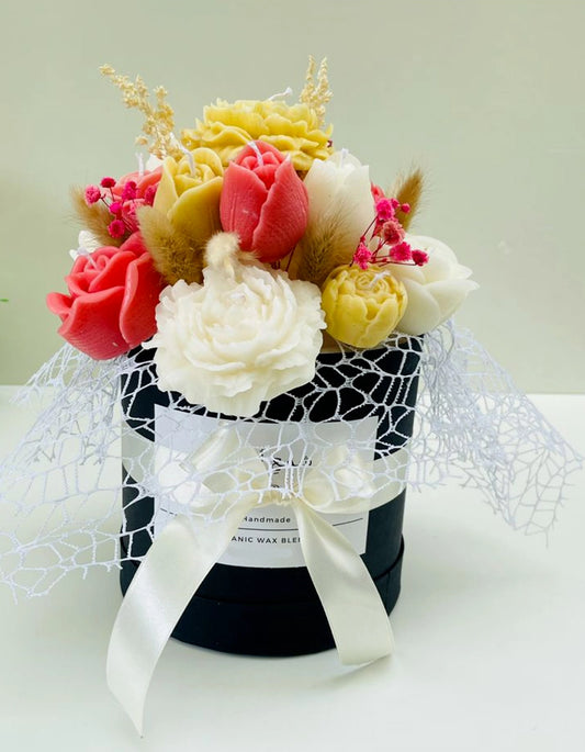 Medium peony rose tulip floral candle bouquet black gift box Rose Dew Pakistan