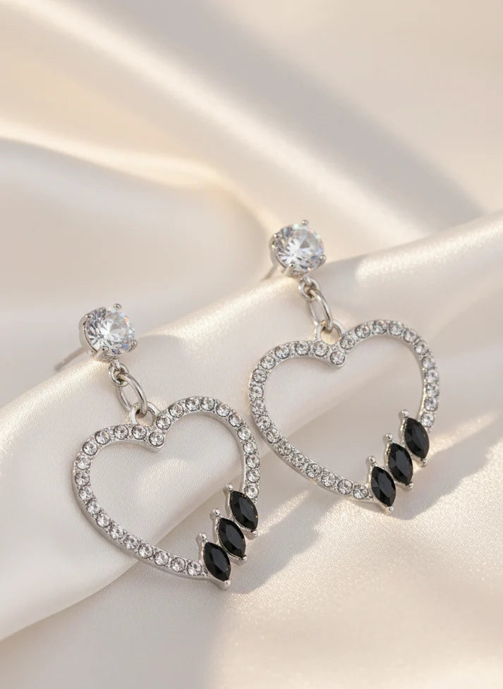 Midnight noir heart drop earrings gold and silver variants black crystal Rose Dew