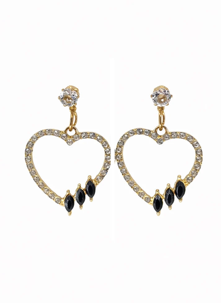 Close up open heart pavé crystal black marquise stone drop earrings Rose Dew