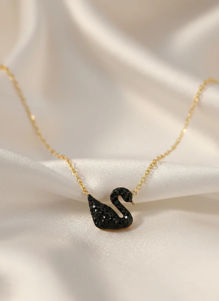 Midnight swan black crystal pave pendant necklace gold tone Rose Dew Pakistan