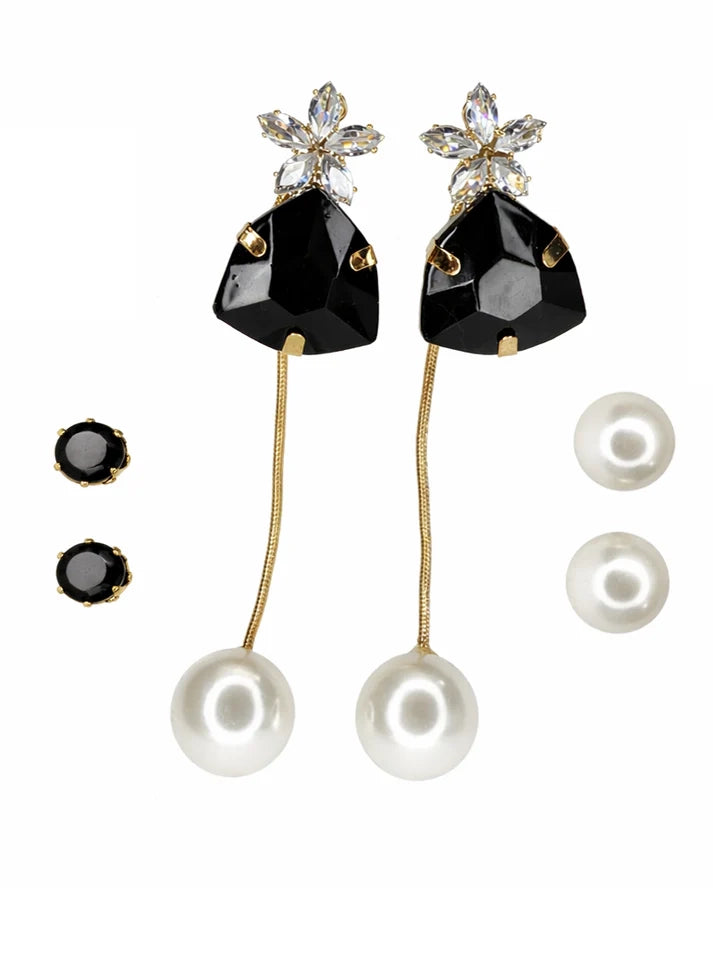 Close up three tier crystal black stone pearl drop earrings gold Rose Dew