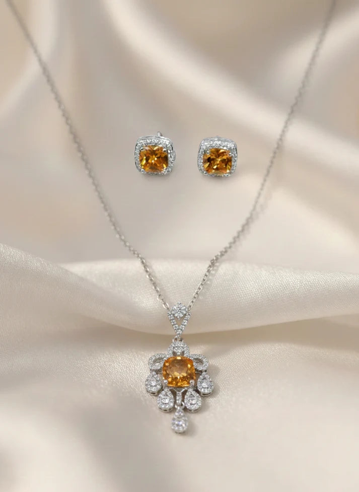 Close up rectangular halo pendant pave crystal gold necklace set Rose Dew