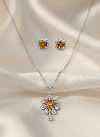 Close up rectangular halo pendant pave crystal gold necklace set Rose Dew