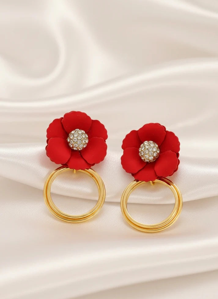 Close up red scalloped flower pave crystal center gold hoop earrings Rose Dew