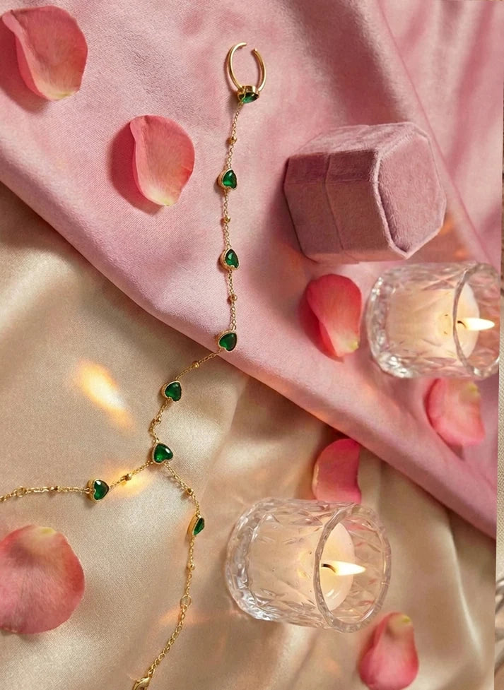 Close up red heart gemstone hand chain bracelet gold adjustable ring Rose Dew