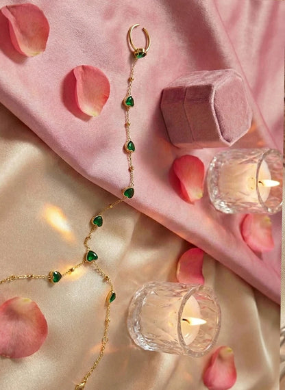 Close up red heart gemstone hand chain bracelet gold adjustable ring Rose Dew