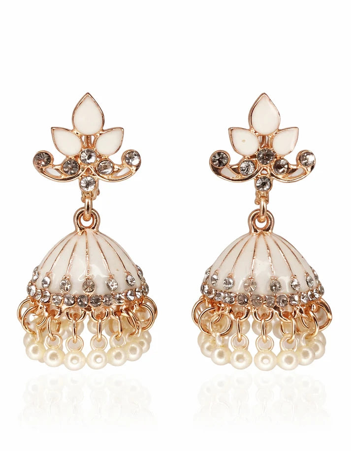White Enamel Pearl Fringe Crystal Gold Bell Jhumka Earrings Luminous Bridal Wedding Jewelry Rose Dew Pakistan