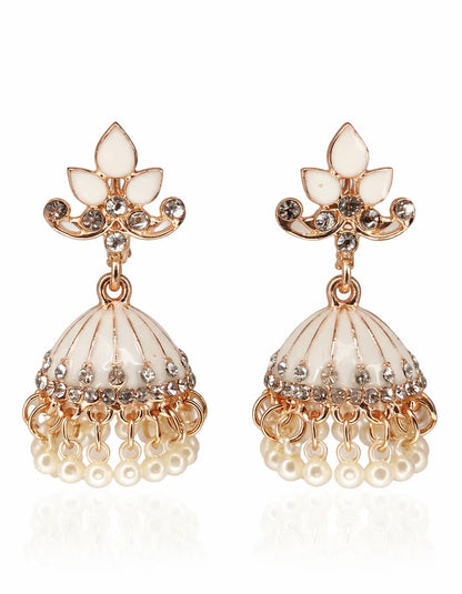 White Enamel Pearl Fringe Crystal Gold Bell Jhumka Earrings Luminous Bridal Wedding Jewelry Rose Dew Pakistan
