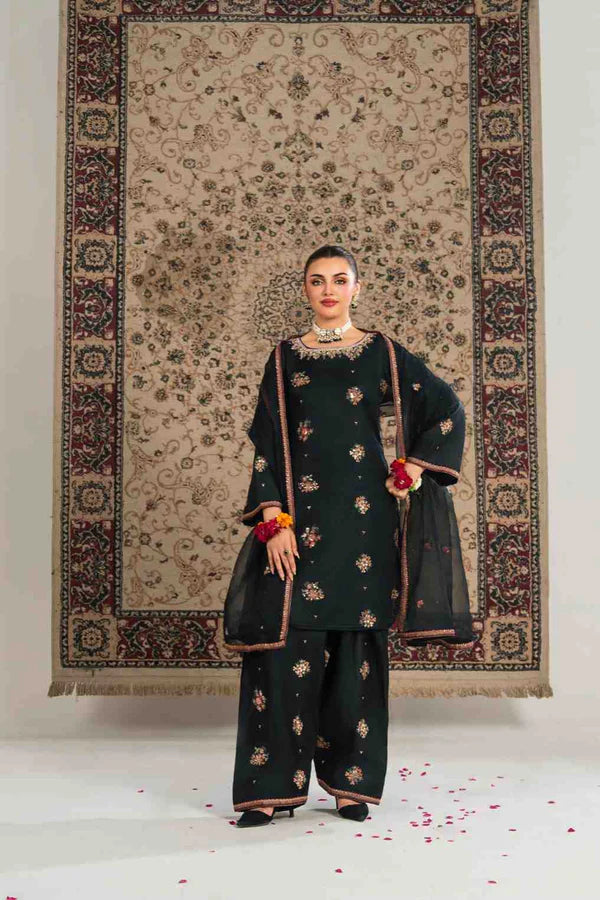 Woman in dark green embroidered outfit standing in front of a patterned rug.