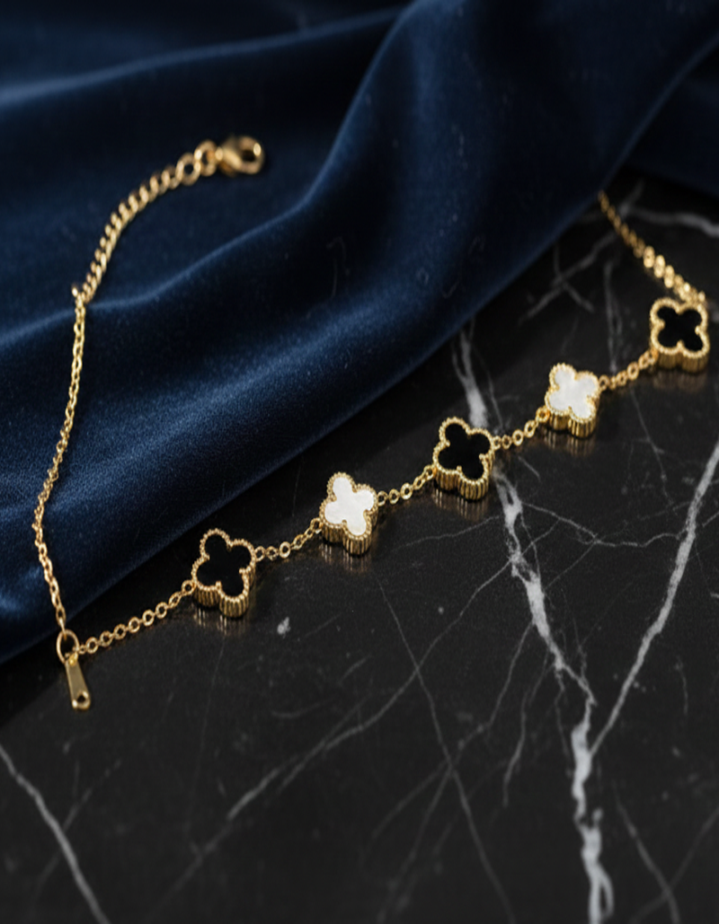 Chic Black & White Clover Motif Bracelet